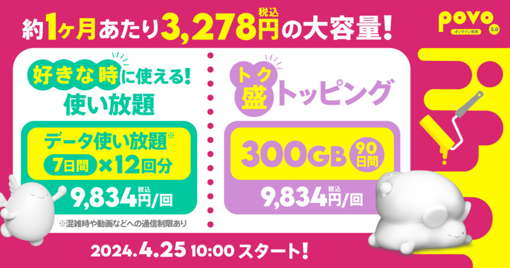 「データ使い放題（7日間）12回分」（注）と、30日間あたり100GB使える「データ追加300GB（90日間）」を9,834円