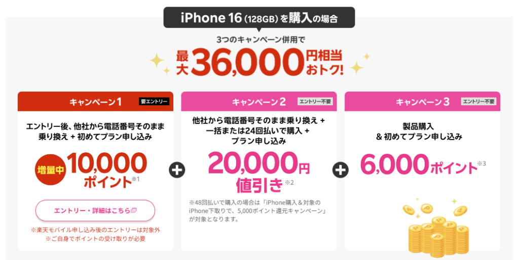 最新のiPhone 16がおトク！対象のiPhoneが最大36,000円相当還元キャンペーン！