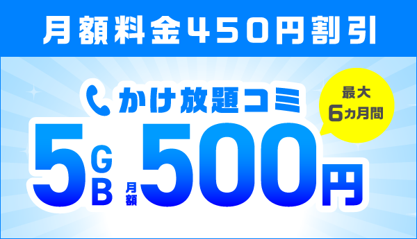 最大6ヵ月間 5ギガ500円で使える