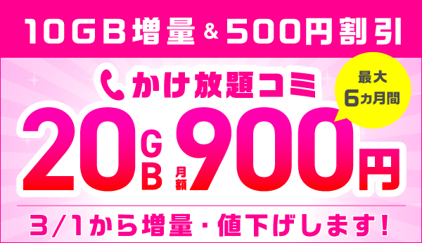 最大6ヵ月間 20ギガ900円で使える