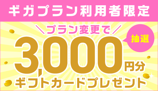 <ギガプラン利用者限定>
抽選で合計700名様に3,000円分JCBギフトカードプレゼント!!