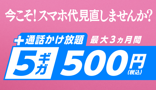最大3ヵ月間 5ギガ500円で使える！