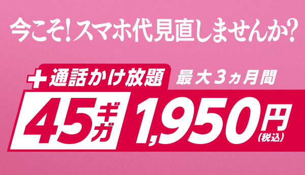 最大3ヵ月間 45ギガ 1,950円で使える！
