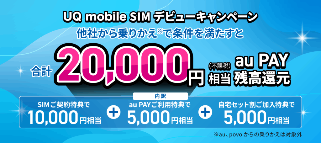 UQ mobile SIM デビューキャンペーン【合計最大20,000円相当還元】