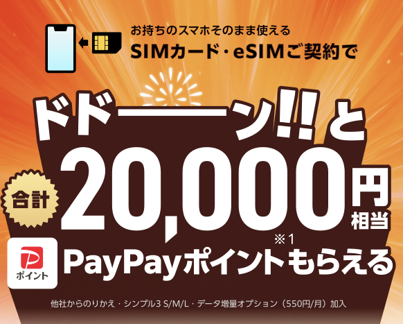 他社からのりかえ・シンプル3 M/L・データ増量オプション（550円/月）加入の場合、SIMご契約特典は20,000円相当PayPayポイント