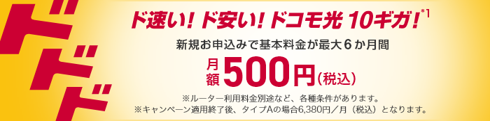 ドコモ光 10ギガ基本料金最大6か月間ワンコインキャンペーン