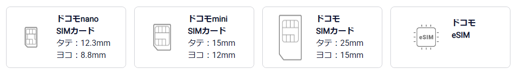 ドコモオンライショップでは以下の4種類のSIMを発行できます。