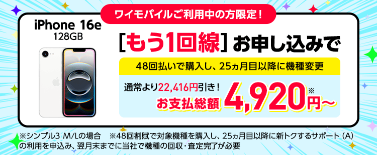 ワイモバイルオンラインストアでは「2回線目以降の新規申し込み特別優待キャンペーン」が実施中