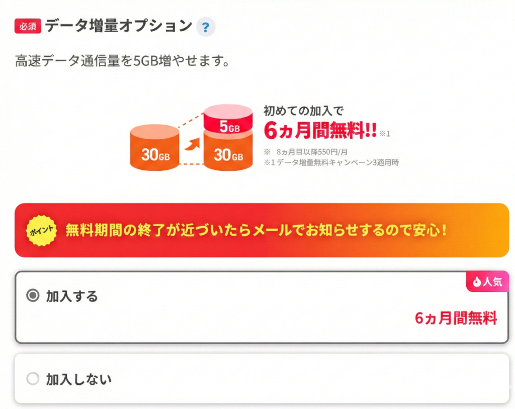 ｢データ増量オプション｣のチェックを外さない