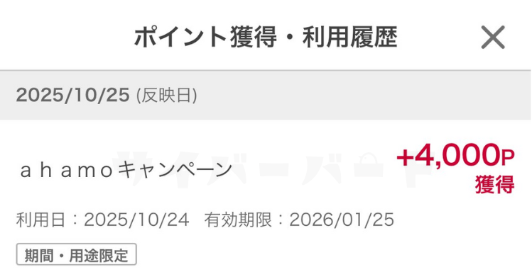 ahamoポイント進呈された様子