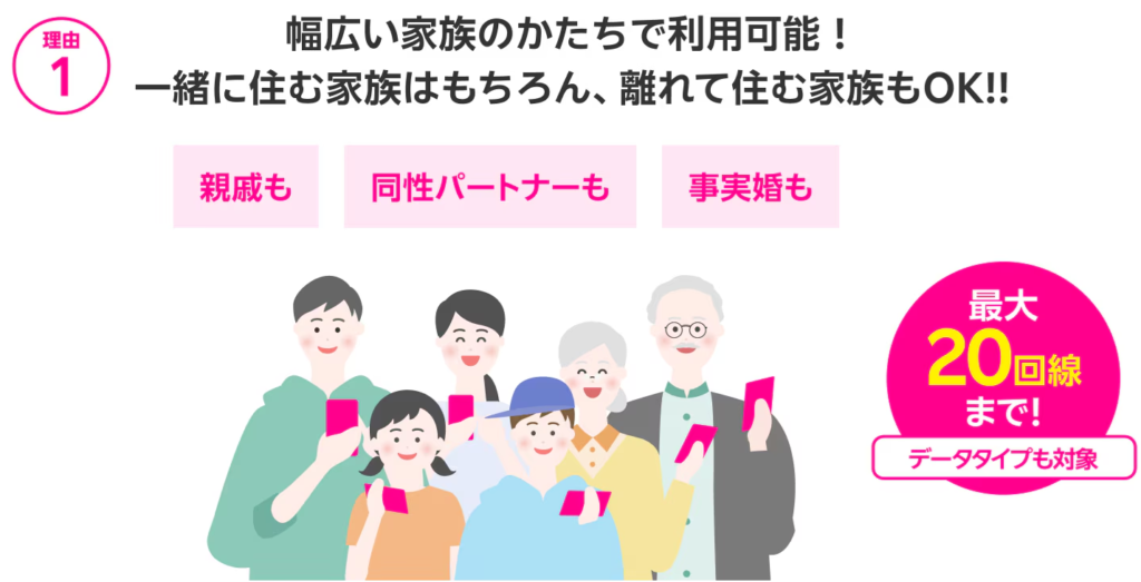 最大20回線までOK。親戚･同性パートナー･事実婚でも利用可能