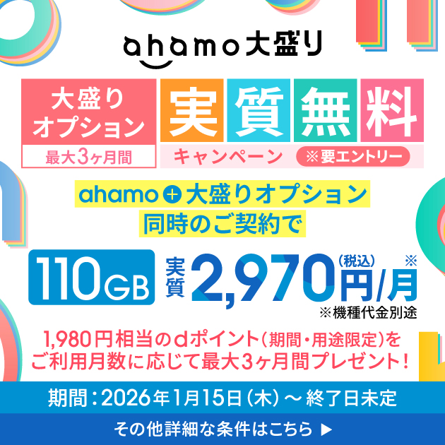 ahamo＋大盛りオプション同時のご契約で、1,980円相当のdポイントをご利用月数に応じて最大3ヶ月間プレゼント！