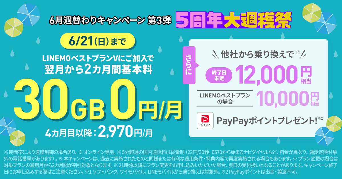 LINEMOベストプランV基本料2カ月0円キャンペーン(2026年6月開催)