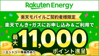 楽天モバイル契約者限定。楽天でんき＋ガスに申込＆利用で最大11,000ポイント進呈。